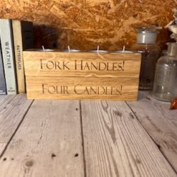 English Oak Engraved Four Candles Fork Handles T Light Holder Two Ronnies