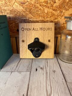 Engraved English Oak Cast Iron Wall Mounted Bottle Opener