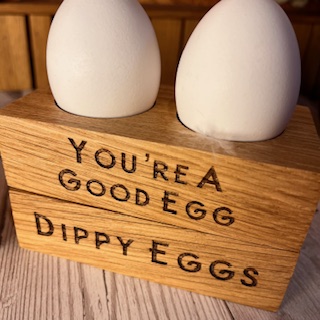 Engraved English Oak Wooden Double Egg Cup Holder Dippy Eggs You're A Good Egg